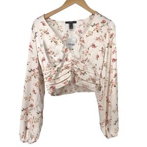 FOREVER 21 Floral Babydoll Cropped Top Women Size S Pink Coquette Romantic Satin